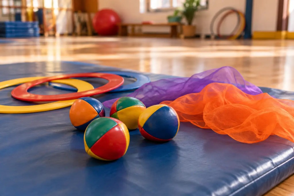 Colourful juggling balls, rings and scarves on a circus mat
