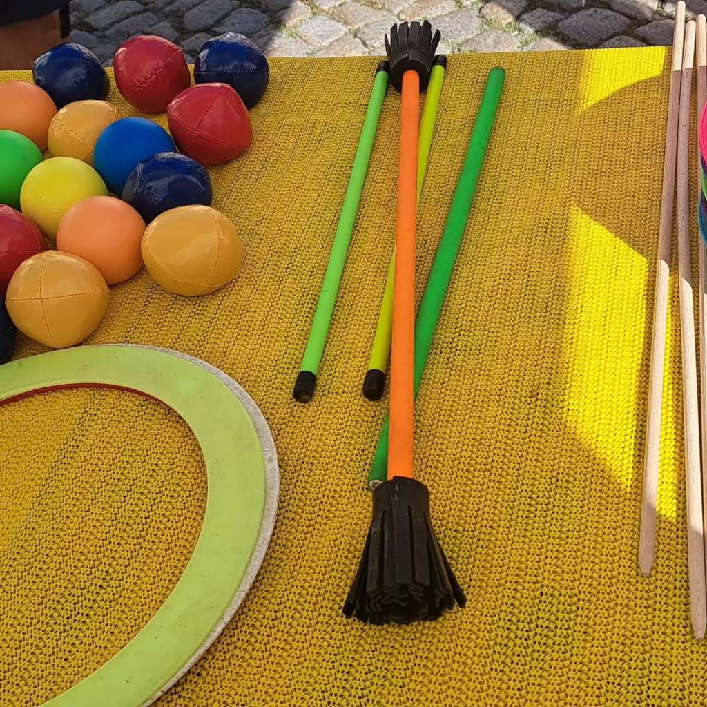 Colourful juggling equipment ready to be used.